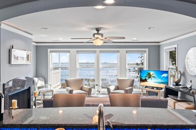 Living room featuring ceiling fan, a high end fire