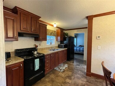 New fridge in galley kitchen open to living and dining area
