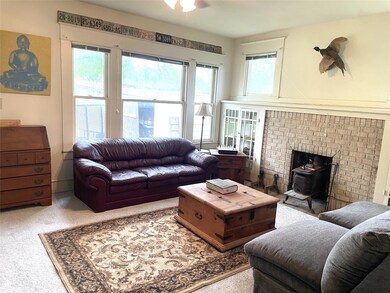 Carpeted living area with a wood stove and a ceil