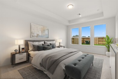 Come and unwind after a long day in this magnificent primary suite! This spacious room features plush carpet, warm paint, high ceilings, and large windows.