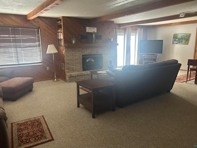 Carpeted living room with beamed ceiling, wood wal