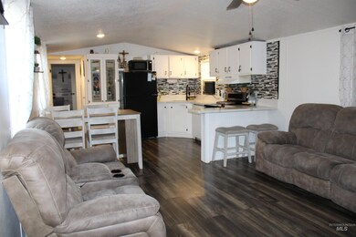 Living room featuring vaulted ceiling, a ceiling fan, dark wood-type flooring, and healthy amount of natural light