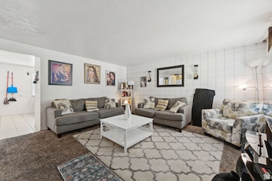 Carpeted living room featuring a textured ceiling and tile patterned floors