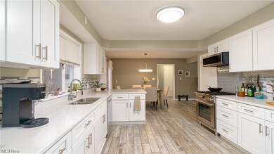 Kitchen featuring hanging light fixtures, appliances with stainless steel finishes, sink, tasteful backsplash, and white cabinetry