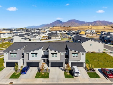 Aerial perspective of suburban area with a mountain backdrop