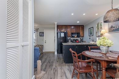 Kitchen featuring kitchen peninsula, dark brown ca