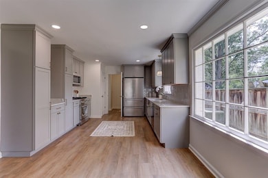 Kitchen featuring premium appliances, gray cabinetry, light wood-style floors, decorative backsplash, and recessed lighting