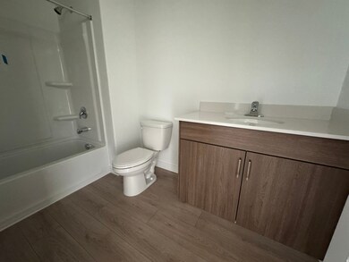 Bathroom with vanity, dark wood-style flooring, and tub / shower combination
