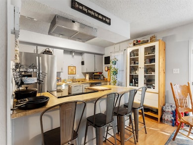 Kitchen with kitchen peninsula, light hardwood / w