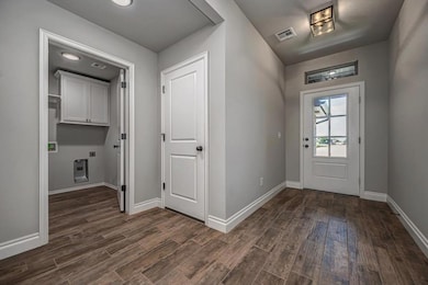 Entryway with dark wood-style floors and baseboards