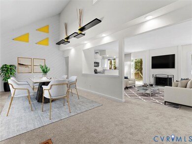 Dining space with a fireplace, a towering ceiling, light carpet, and recessed lighting...virtually staged.