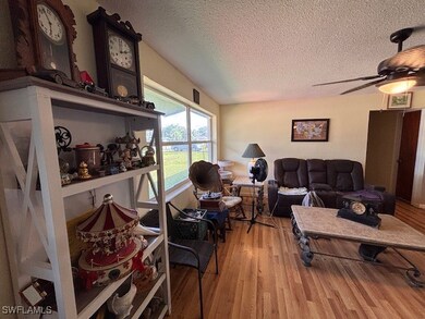 Living room featuring ceiling fan, wood-type floor