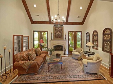 Gorgeous vaulted room with limestone fireplace and