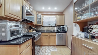 Kitchen featuring stainless steel appliances, backsplash, light wood-type flooring, dark stone counters, and recessed lighting