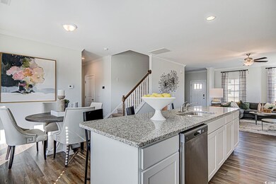 Kitchen with light stone countertops, dishwasher, dark wood-style floors, a ceiling fan, and a sink