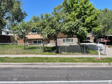View of property hidden behind natural elements featuring stone siding, a fenced front yard, and stucco siding