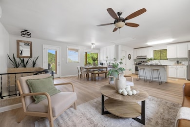 Living area with a ceiling fan, light wood-style 