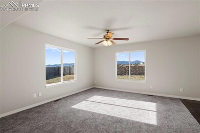 Spare room featuring plenty of natural light, carpet flooring, a mountain view, and a ceiling fan