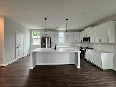 Kitchen featuring stainless steel appliances, dark wood finished floors, a sink, a kitchen island with sink, and tasteful backsplash