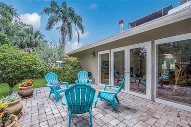 Backyard patio with fruit trees