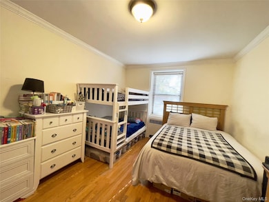Bedroom featuring crown molding, light wood-type flooring, and radiator