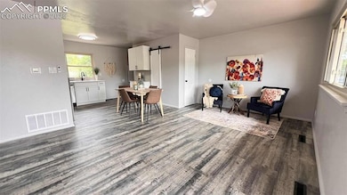 Great room area featuring a barn door and wood look floors
