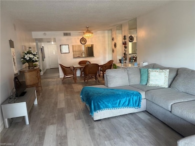 Living area with a textured ceiling and wood finished floors