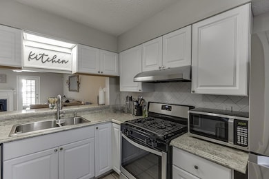 Kitchen with under cabinet range hood, a sink, whi