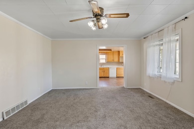 Empty room featuring light colored carpet, ceiling fan, and crown molding