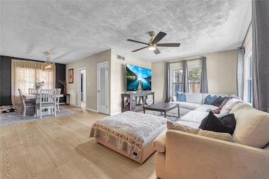 Living room featuring ceiling fan, light wood look