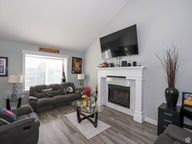 Living room featuring a premium fireplace, vaulted ceiling, and wood finished floors