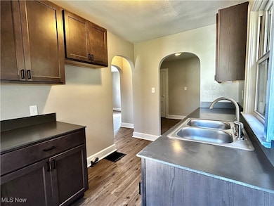 Kitchen with dark countertops, dark wood-style flooring, dark brown cabinets, and arched walkways