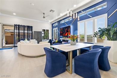 Dining area with a Modern Light Fixture, Crown Mol