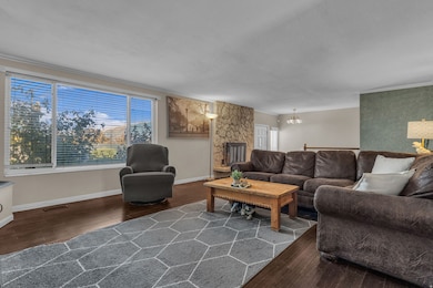 Living area with dark wood-style floors, ornamental molding, and a chandelier