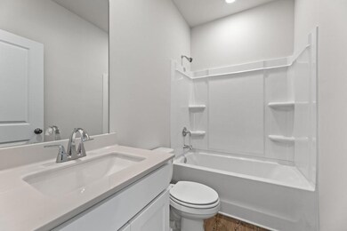 Bathroom featuring toilet, vanity, shower / washtu