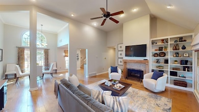 Living room featuring high vaulted ceiling, orname