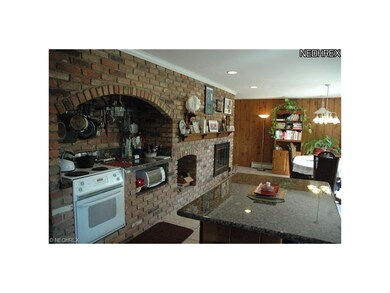 Built in oven with brick surround, granite top, and fireplace.