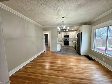 Kitchen featuring white cabinets, light wood-style floors, a notable chandelier, and appliances with stainless steel finishes