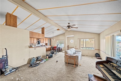 Carpeted living area with plenty of natural light and a ceiling fan