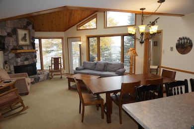 Carpeted dining room featuring a stone fireplace a