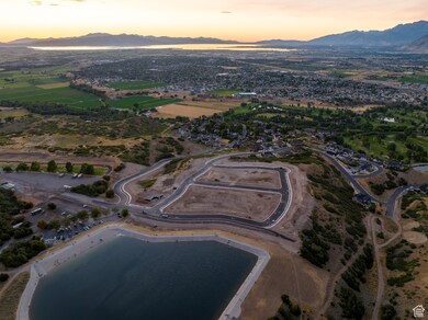 Aerial view at dusk of a water and mountain view