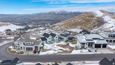 Aerial perspective of suburban area with a mountain backdrop