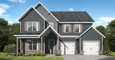 View of front of property with driveway, an attached garage, a front lawn, and brick siding