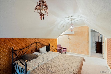 Bedroom featuring carpet floors, lofted ceiling, a textured ceiling, and wooden walls