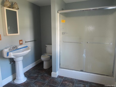 Bathroom with a shower stall and dark tile patterned floors