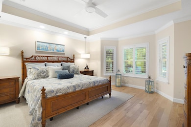 Bedroom with a tray ceiling, crown molding, light wood-type flooring, and a ceiling fan