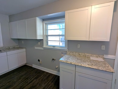 Laundry area featuring cabinet space, dark wood fi