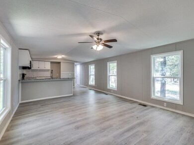 Unfurnished living room with ceiling fan, sink, li