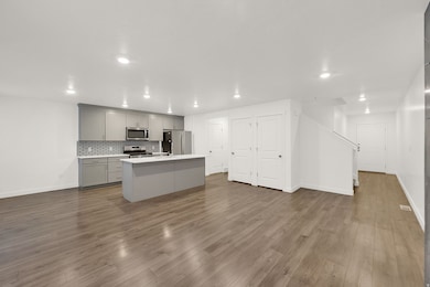 Kitchen with gray cabinets, light countertops, stainless steel appliances, backsplash, and dark wood-style flooring