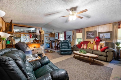 Living area featuring vaulted ceiling, a textured ceiling, a ceiling fan, and carpet
